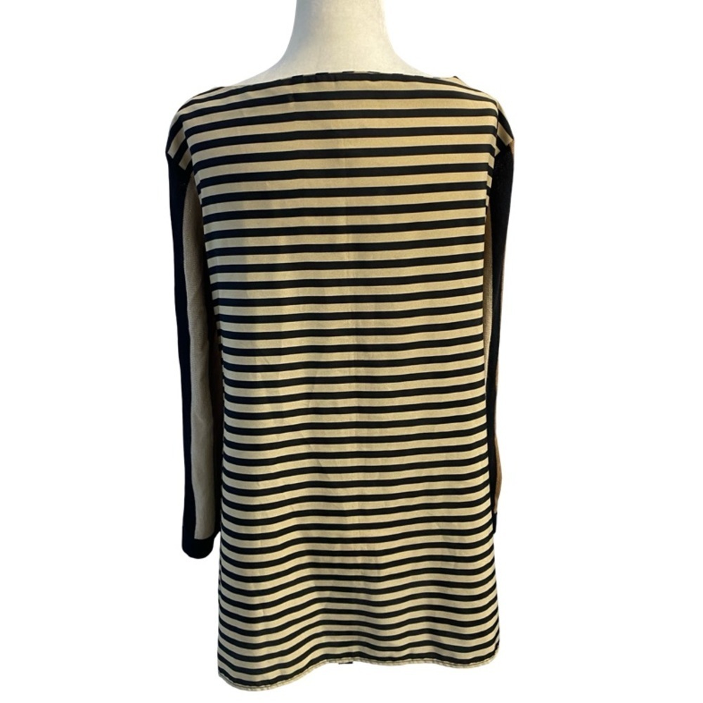 Chico's Trapeze Tunic Sweater Black, Brown, Tan, Cream Striped Elegant Tiny Pull - Picture 8 of 17